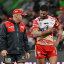 Jesse Bromwich leaves the field with an injury in the Dolphins clash with the Canberra Raiders.