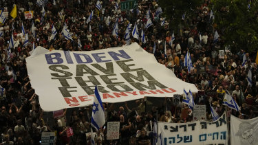 People protest against Israeli Prime Minister Benjamin Netanyahu’s government and call for the release of hostages held in the Gaza Strip by the Hamas militant group in Tel Aviv, Israel.