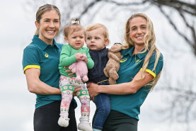 Jessica Stenson with Ellie (eight months), Genevieve Gregson with Archer (1 year old).