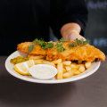 Char sui chicken Maryland and Fish and Chips.