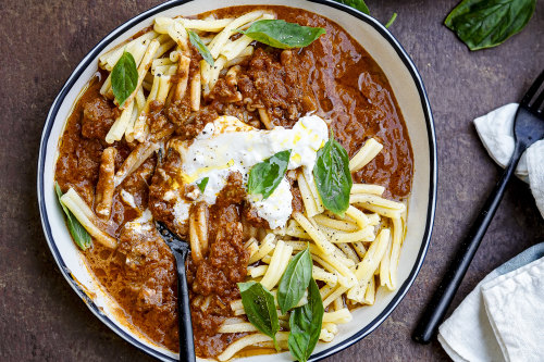 Pork sausage ragu of sorts with burrata and casarecce.