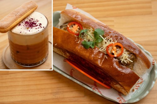 BKK Laboratory’s Tiramisu Thai milk tea drink (inset) and massaman wagyu meatball sub.