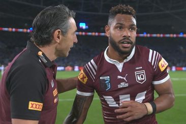 Maroons coach Billy Slater talking to Hamiso Tabuai-Fidow on the sideline during State of Origin one.