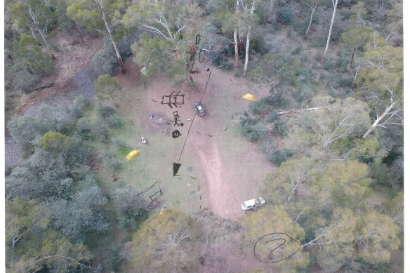 An aerial picture of Bucks Camp with Lynn’s drawings. Lynn said his camp was at the top of the image, and Hill and Clay’s at the bottom. He said in the middle was where the knife incident allegedly occurred on the accused man’s version of events.