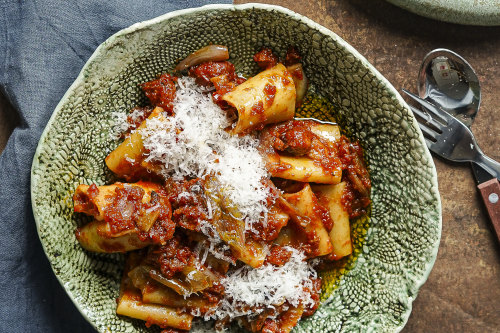 Pasta with slow-roasted shallot, chorizo and garlic sauce.