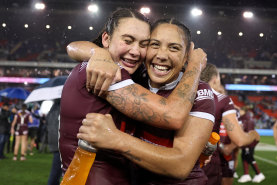 Jessika Elliston and Shannon Mato of the Maroons celebrate winning game two of the Women’s State of Origin series between New South Wales Sky Blues and Queensland Maroons at McDonald Jones Stadium on June 06, 2024 in Newcastle, Australia. (Photo by Cameron Spencer/Getty Image