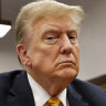 Former president Donald Trump sits in the courtroom for his trial at the Manhattan criminal court during his trial.