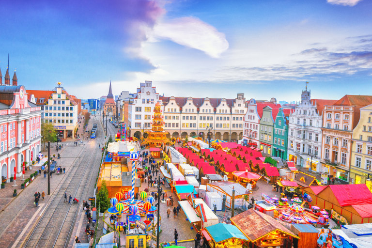 Rostock and its Christmas markets. The city has a fusion of gothic and baroque architecture.