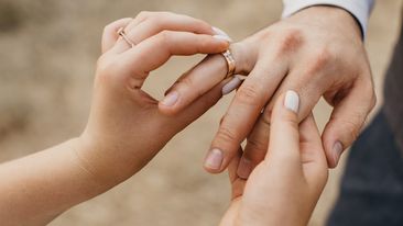 Wedding ring on finger stock