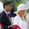 British Prime Minister Rishi Sunak, Queen Camilla, King Charles, French President Emmanuel Macron and wife Brigitte Macron at the Normandy Memorial on Thursday. Sunak did not stay long.