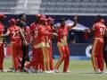 Canada players celebrate their 12-run win over Ireland at the T20 World Cup in Westbury. (AP PHOTO)