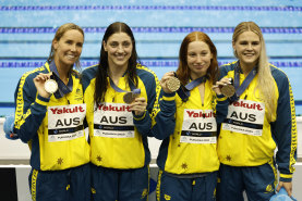 Australia’s 4x100m freestyle relay team with their gold medal at last year’s world swimming championships.