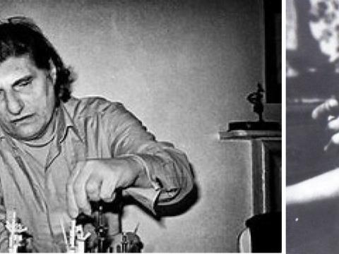 Two black and white photographs of Trocchi - playing chess and injecting himself with a syringe