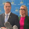 Lord Mayor Adrian Schrinner and finance committee chair Fiona Cunningham taking media questions about the Brisbane City Council budget.