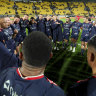 The Rebels form a huddle at the end of their final Super Rugby game.