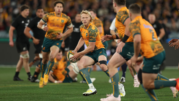 Carter Gordon directs play for the Wallabies against the All Blacks at the MCG last July.