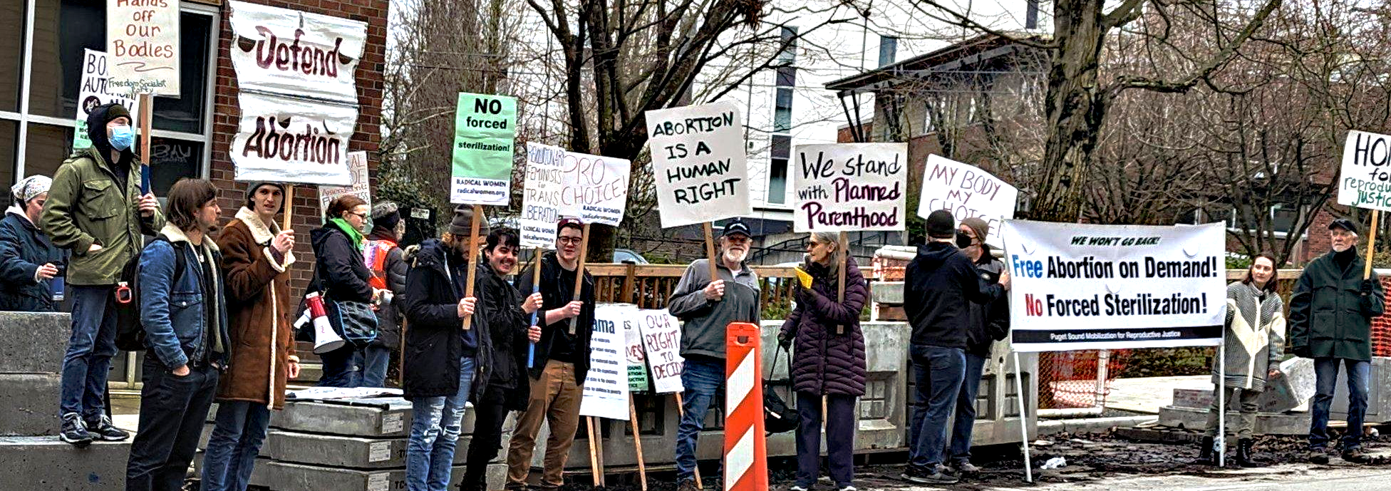 Group of people with pro-abortion signs by street.