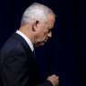 Benny Gantz, a member of the country’s wartime cabinet, departs after announcing his resignation during a press conference.