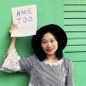 Chinese journalist Huang Xueqin holds up a #Metoo sign for a photo in Singapore in September 2017. 