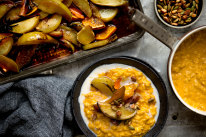 Spiced winter porridge recipe with honey and turmeric baked fruit.