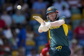 Australia’s David Warner plays a shot against England during the ICC Men’s T20 World Cup.