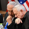 Benjamin Netanyahu (left) and  Benny Gantz at the swearing-in of the war cabinet in October last year.