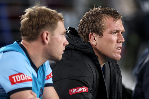 NSW Blues captain Jake Trbojevic (right) played just 29 minutes in game one.