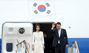 President Yoon Suk Yeol and first Lady Kim Keon Hee depart to Madrid, Spain for Nato Summit at Seoul Air Base, June 27, 2022