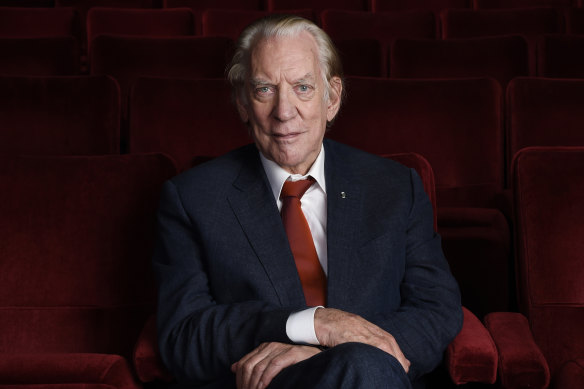 FILE - Actor Donald Sutherland appears at the Academy of Motion Picture Arts and Sciences in Beverly Hills, Calif., on Oct. 13, 2017. Sutherland, the towering Canadian actor whose career spanned “M.A.S.H.” to “The Hunger Games,” has died at 88.  (Photo by Chris Pizzello/Invision/AP, File)