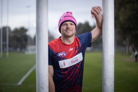 Melbourne defender Steven May, ahead of the club’s Pink Lady game against North Melbourne.