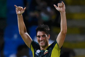 Pat Cummins celebrates his hattrick against Bangladesh