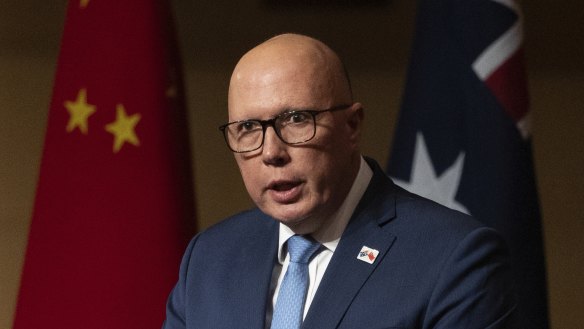 O.pposition Leader Peter Dutton addresses an official luncheon with Chinese Premier Li Qiang on Monday.