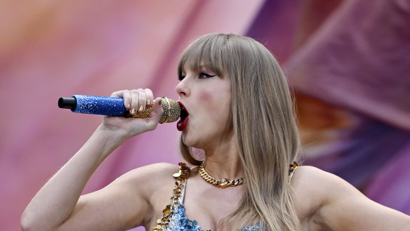 Taylor Swift performs on stage during the “Taylor Swift - The Eras Tour” at Wembley Stadium.