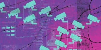 an illustration with several blue security cameras on a purple and pink textured background.