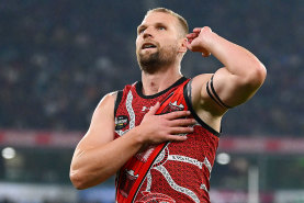 Jake Stringer of the Bombers celebrates a goal.