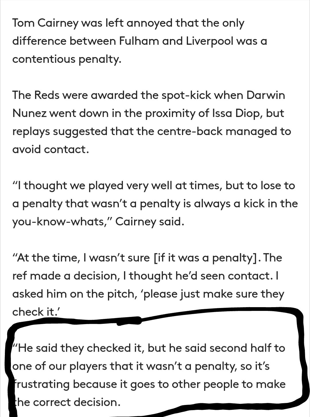 r/fulhamfc - Tom Cairney: "[The ref] said they checked [Liverpool's penalty], but he said second half to one of our players that it wasn't a penalty"