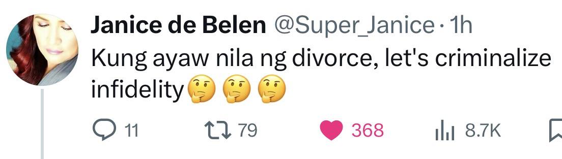 r/ChikaPH - Janice de Belen: Kung ayaw nila ng divorce, let's criminalize infidelity