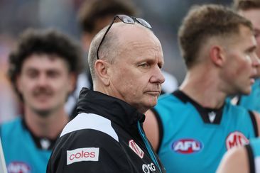 Port Adelaide coach, Ken Hinkley, during his side&#x27;s loss to Brisbane.