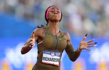 Sha&#x27;Carri Richardson reacts after winning the women&#x27;s 100 meter dash.