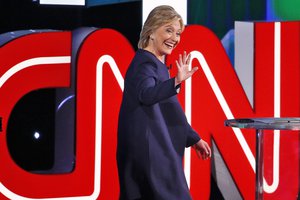 emocratic presidential candidate Hillary Rodham Clinton takes the stage before the CNN Democratic presidential debate Tuesday, Oct. 13, 2015, in Las Vegas