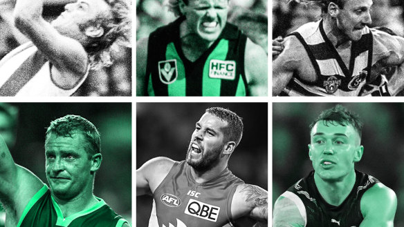 Footy through the decades: (clockwise from left) Malcolm Blight, Dermott Brereton, Gary Ablett snr, Patrick Cripps, Lance Franklin and Michael Voss.