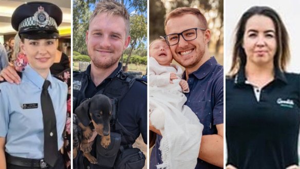 From left: Constables Rachel McCrow and Matthew Arnold, who were killed in the Wieambilla shooting, and constables Randall Kirk and Keely Brough, who survived the incident.