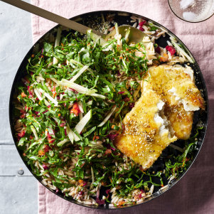 Rainbow chard and orzo salad with crispy feta.