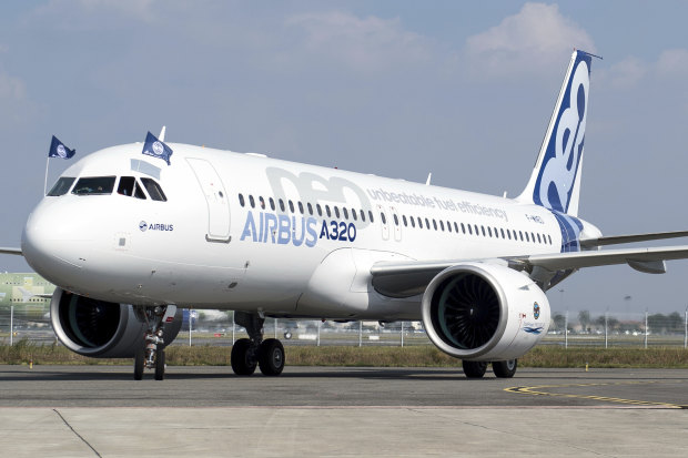 The A320neo in 2014 after completing its first flight.