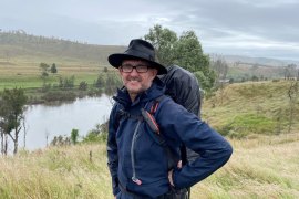 Author Simon Cleary on the Upper Brisbane River, 2022. He recounts the 27-day journey walking the Brisbane River in his book Everything Is Water (UQP).