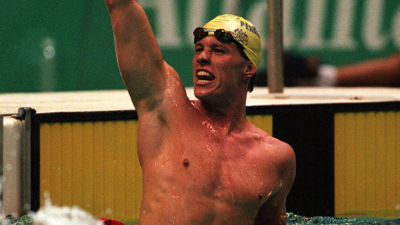 Kieren Perkins in his heyday, winning the 1500-metre freestyle gold at the Atlanta Olympics in 1996.