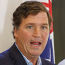 Tucker Carlson and Clive Palmer hold a press conference at one of Palmer’s homes in Brisbane.