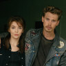 Jodie Comer as Kathy and Austin Butler as Benny in The Bikeriders.