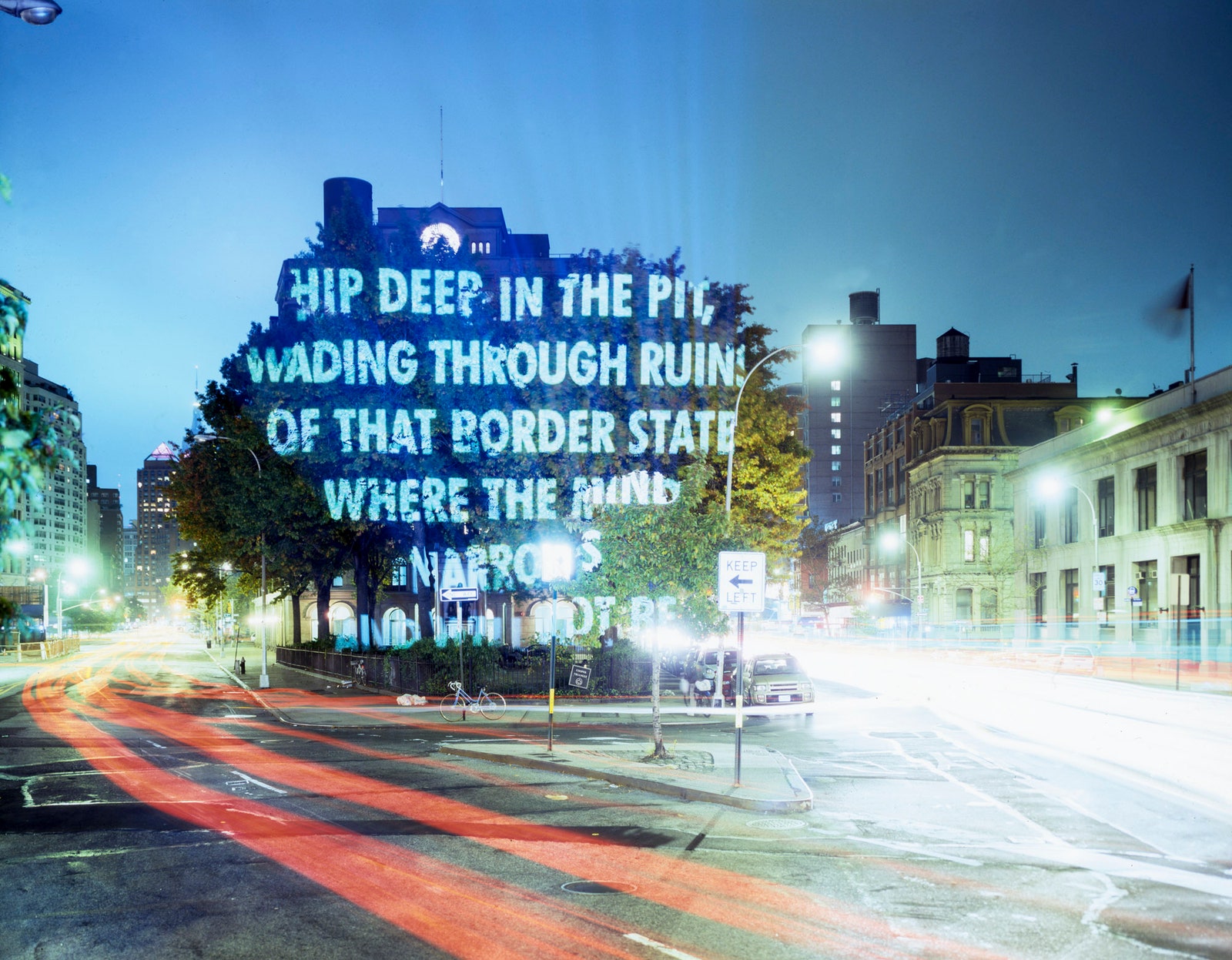 “For New York City” by Jenny Holzer featuring “To the Fortythird President” from “Blackbird and Wolf” by Henri Cole. The...