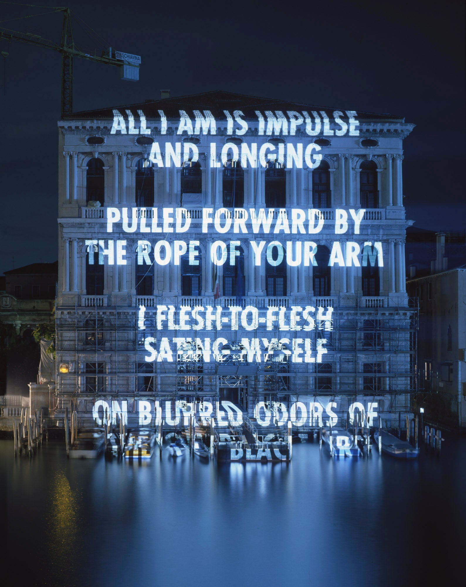 “Xenon for the Peggy Guggenheim” by Jenny Holzer featuring “Blur” from “Middle Earth” by Henri Cole. Palazzo Corner...